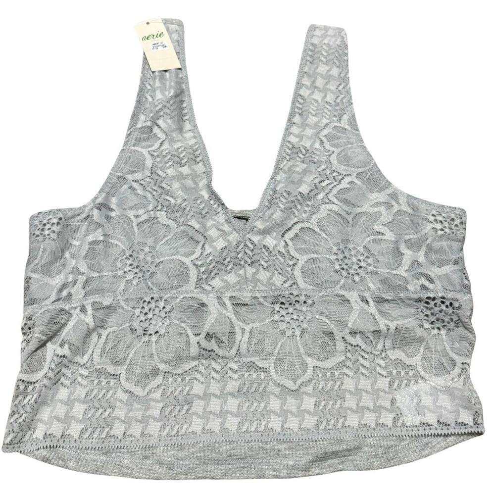AERIE Reversible Bralette Crop Top SMALL Gray Lace V Neck Waffle Knit NWT